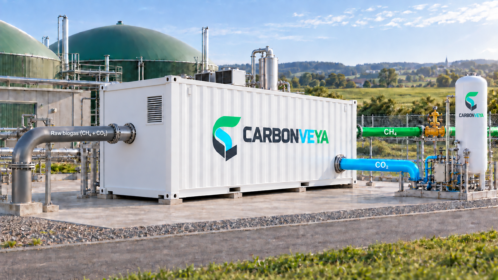 CARBONVEYA Containermodul an einer Biogasanlage mit Rohbiogaszufuhr, CH₄- und CO₂-Ausgang sowie weißem CO₂-Tank mit CARBONVEYA-Logo